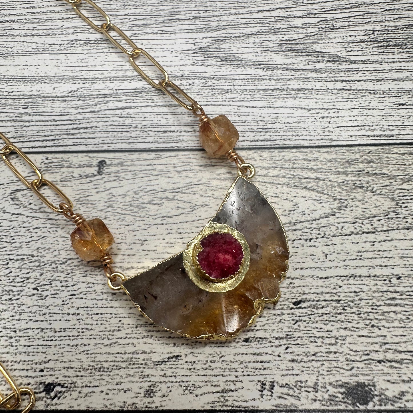 Citrini Pendant with Citrine beads and Long Paper Clip Chain Link Necklace | Erika Williner Designs