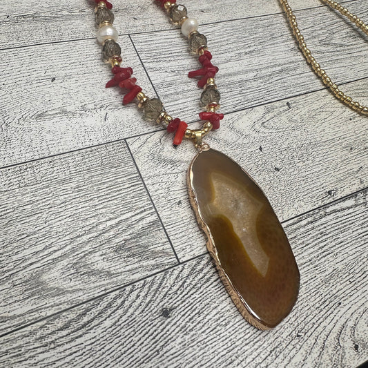 Brown Agate Pendant with Smoky Faceted Crystals, Red Coral Branches, Faceted Citrines, Fresh Water Pearls, Lava Rock and Golden Glass seed Beads | Erika Williner Designs
