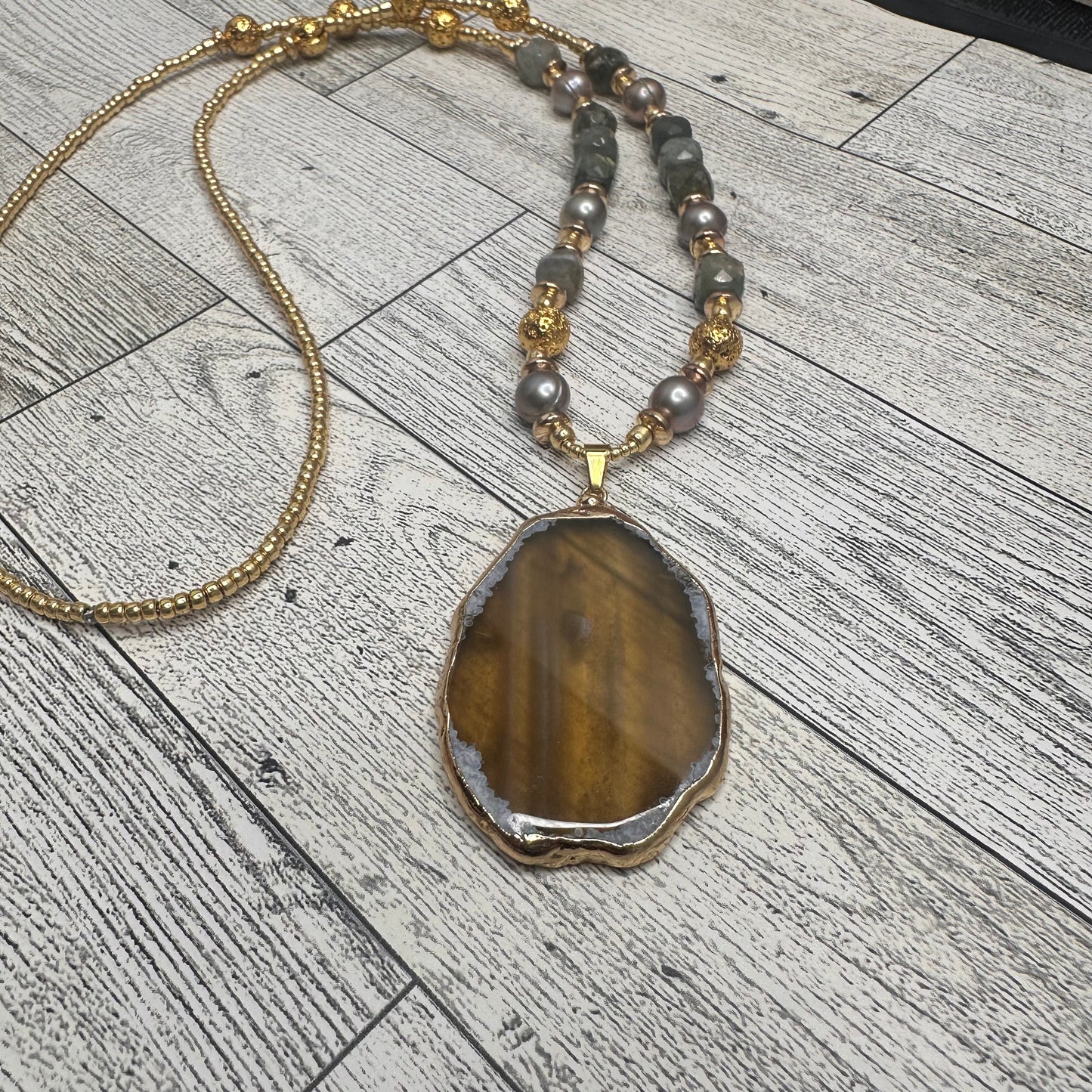 Brown Agate Pendant with Faceted Labradorite Beads, Grey Pearls, Lava rock with Golden Glass Seed beads