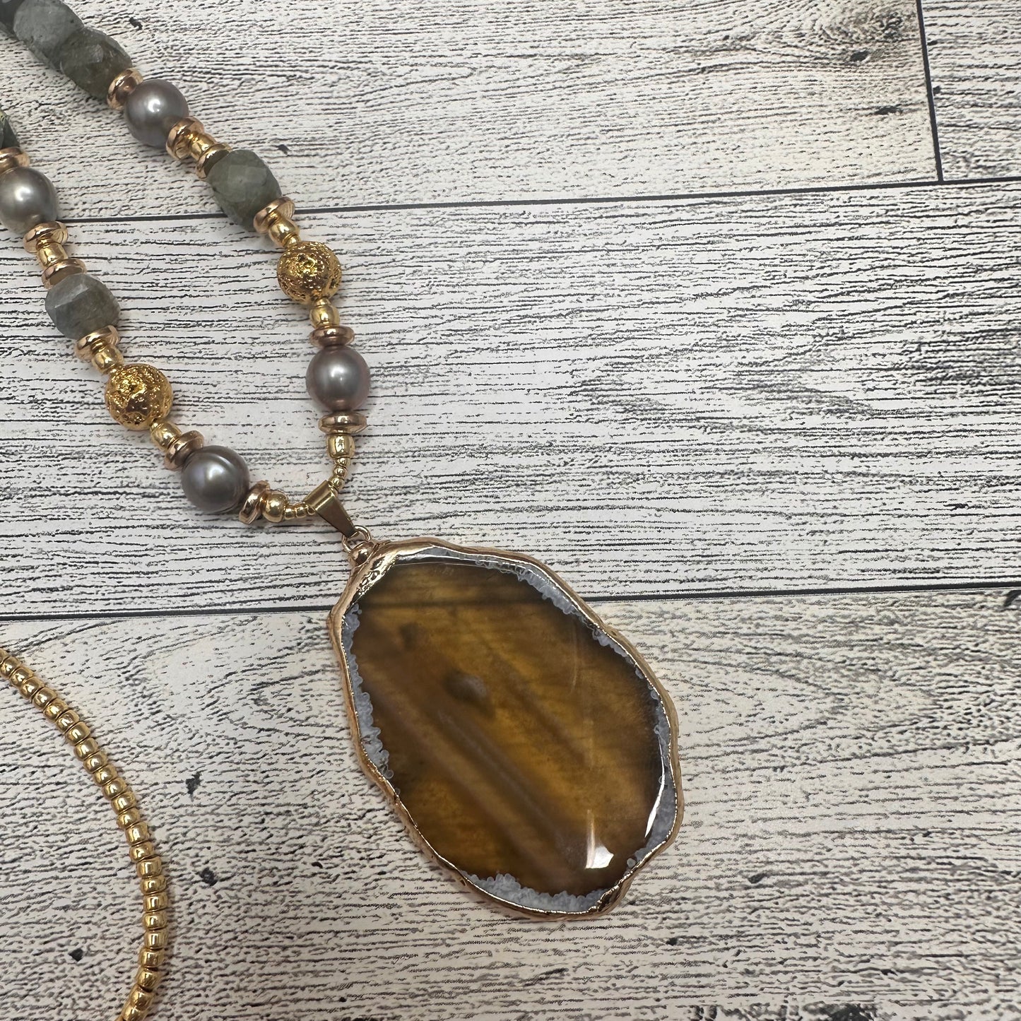 Brown Agate Pendant with Faceted Labradorite Beads, Grey Pearls, Lava rock with Golden Glass Seed beads