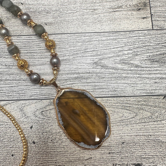 Brown Agate Pendant with Faceted Labradorite Beads, Grey Pearls, Lava rock with Golden Glass Seed beads