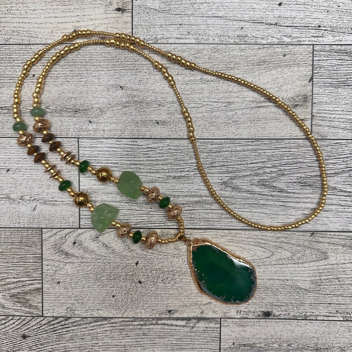 Green Agate Pendant, green agate beads, fluorite, Brown Agates and Lava Rock in a Glass Seed Beads Long Necklace | Erika Williner Designs