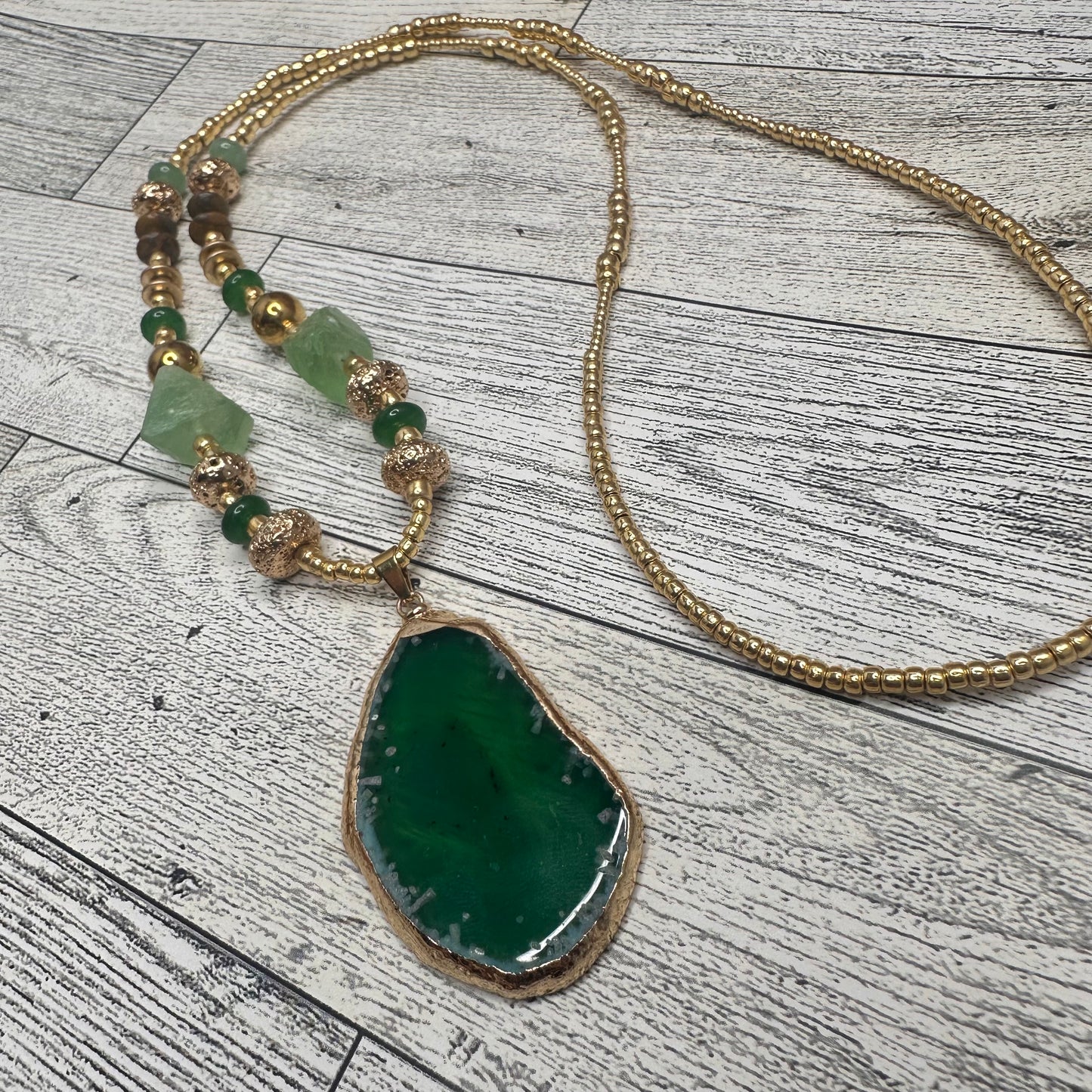Green Agate Pendant, green agate beads, fluorite, Brown Agates and Lava Rock in a Glass Seed Beads Long Necklace | Erika Williner Designs