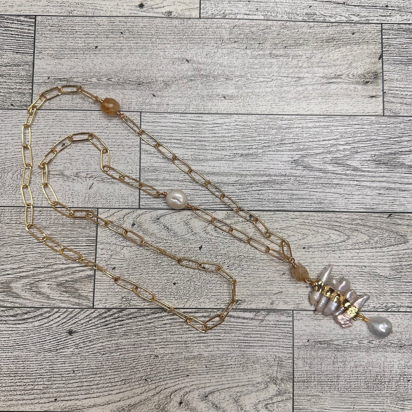 Fresh Water Pearls Pendant, Baroque Pearl and citrines in a Stainless Steel Paper clip Chain Link | Erika Williner Designs