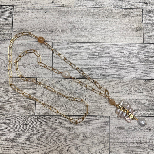 Fresh Water Pearls Pendant, Baroque Pearl and citrines in a Stainless Steel Paper clip Chain Link | Erika Williner Designs