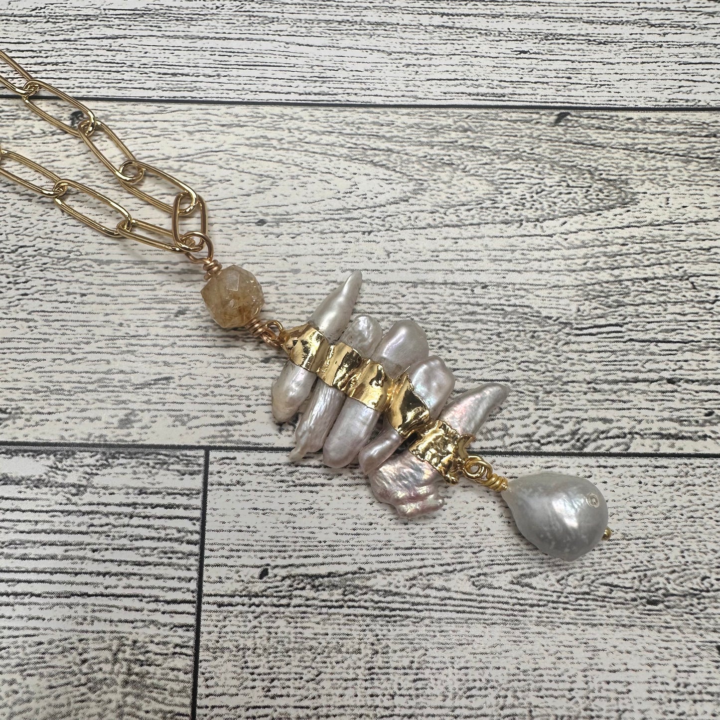 Fresh Water Pearls Pendant, Baroque Pearl and citrines in a Stainless Steel Paper clip Chain Link | Erika Williner Designs