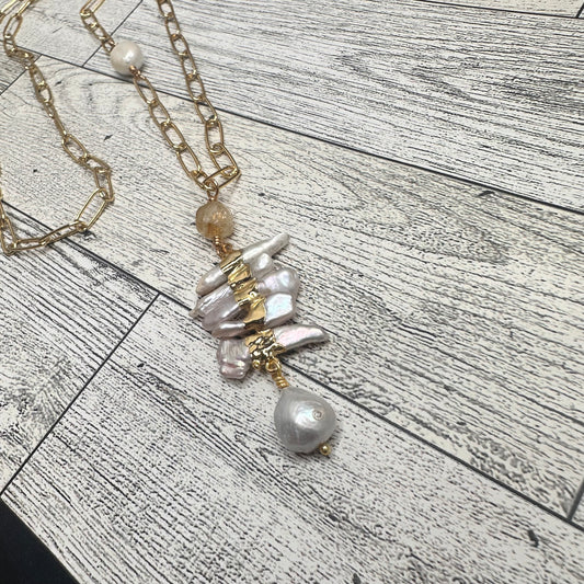 Fresh Water Pearls Pendant, Baroque Pearl and citrines in a Stainless Steel Paper clip Chain Link | Erika Williner Designs