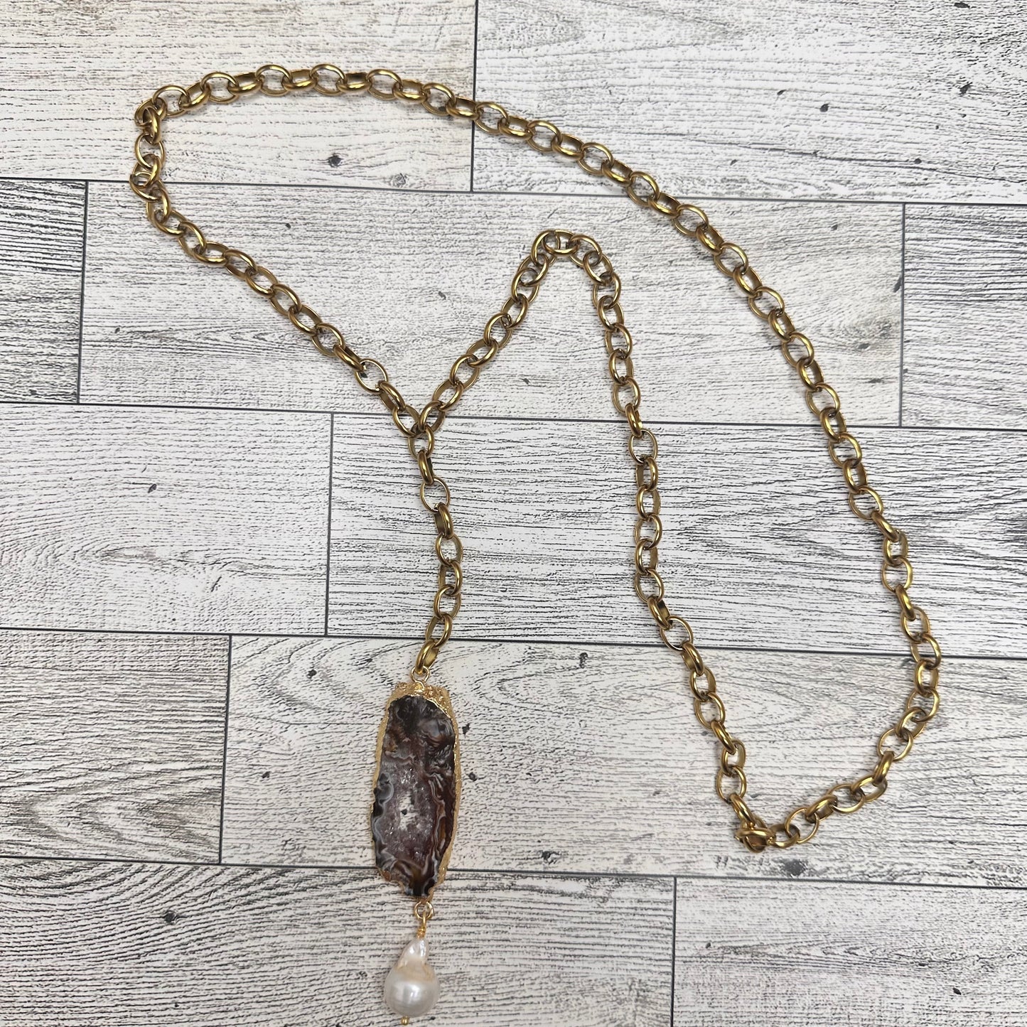Agate Pendant, Baroque Pearl on Stainless Steel Rosary Style Necklace | Erika Williner Designs