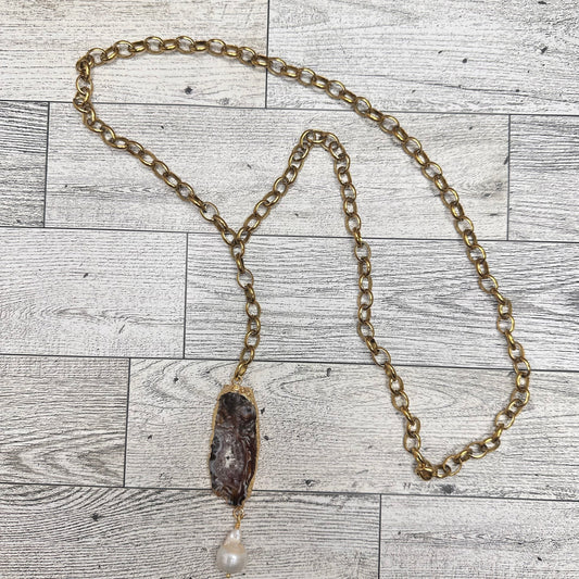 Agate Pendant, Baroque Pearl on Stainless Steel Rosary Style Necklace | Erika Williner Designs