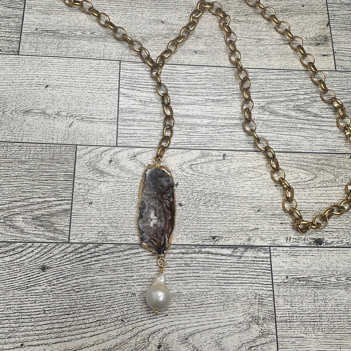 Agate Pendant, Baroque Pearl on Stainless Steel Rosary Style Necklace | Erika Williner Designs