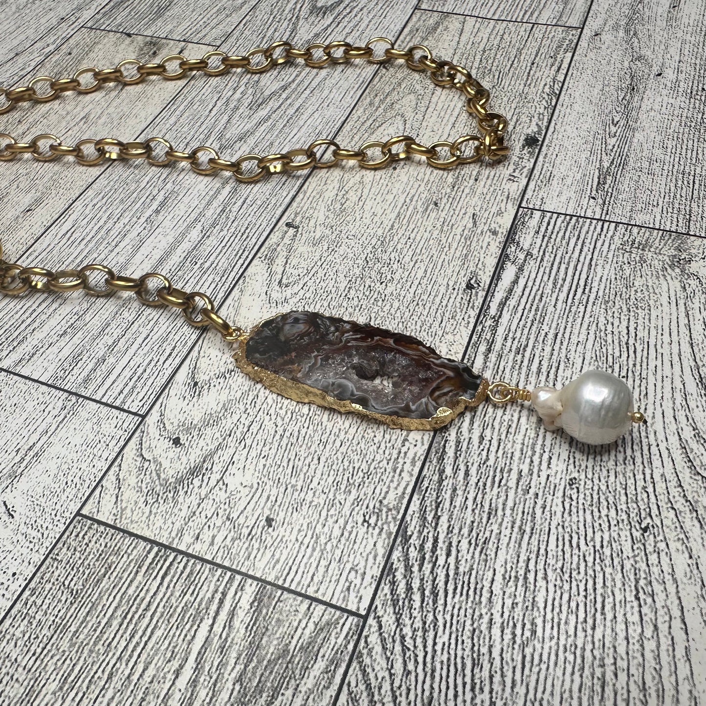 Agate Pendant, Baroque Pearl on Stainless Steel Rosary Style Necklace | Erika Williner Designs