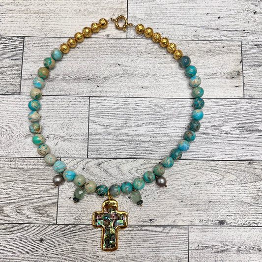 Turquoise, Aquamarine and Gray Pearls necklace with Abalone Cross | Erika Williner Designs