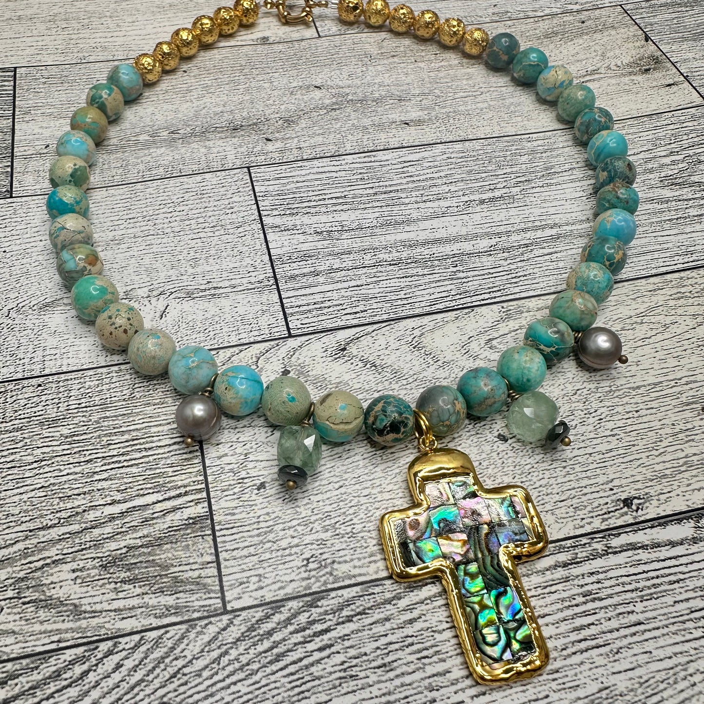 Turquoise, Aquamarine and Gray Pearls necklace with Abalone Cross | Erika Williner Designs