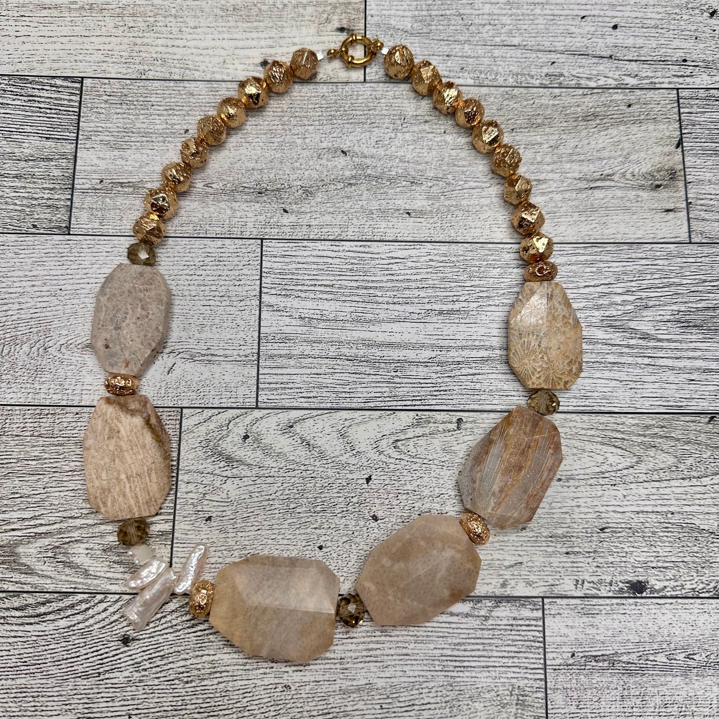 Agatized Coral Beads, Crystals, Fresh water Pearls and Lava Rock Statement Necklace | Erika Williner Designs