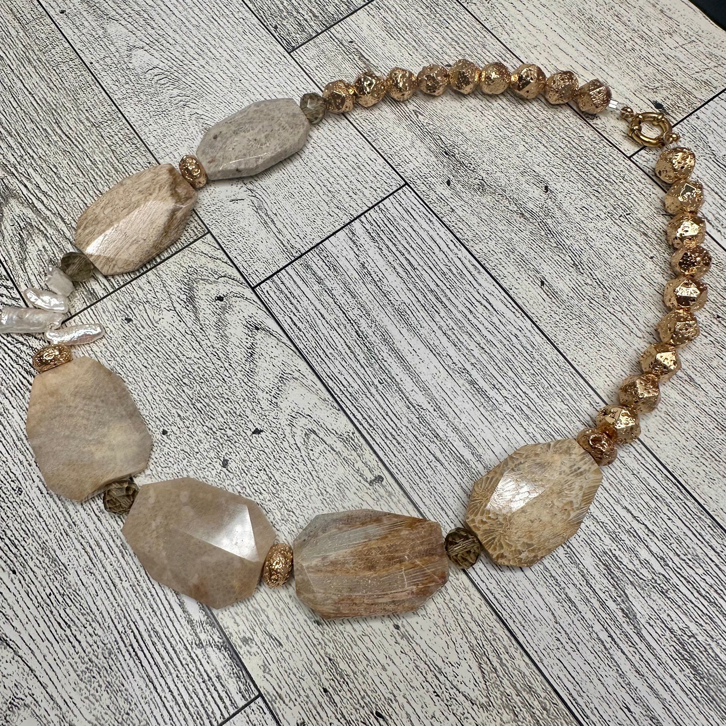 Agatized Coral Beads, Crystals, Fresh water Pearls and Lava Rock Statement Necklace | Erika Williner Designs