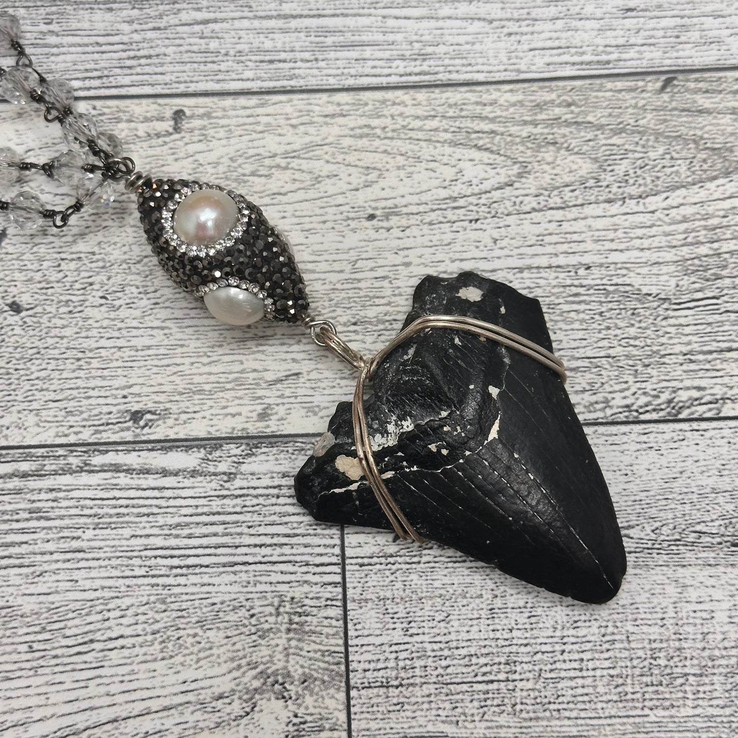 Fossilized Shark Tooth with Clear Faceted Crystals Chain | Erika Williner Designs