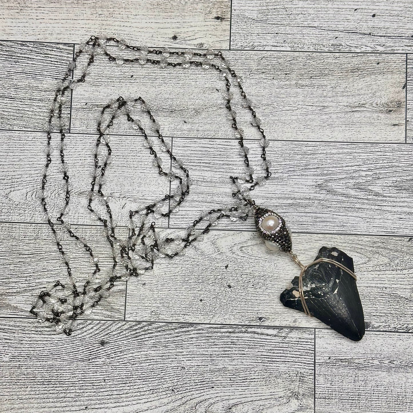 Fossilized Shark Tooth with Clear Faceted Crystals Chain | Erika Williner Designs