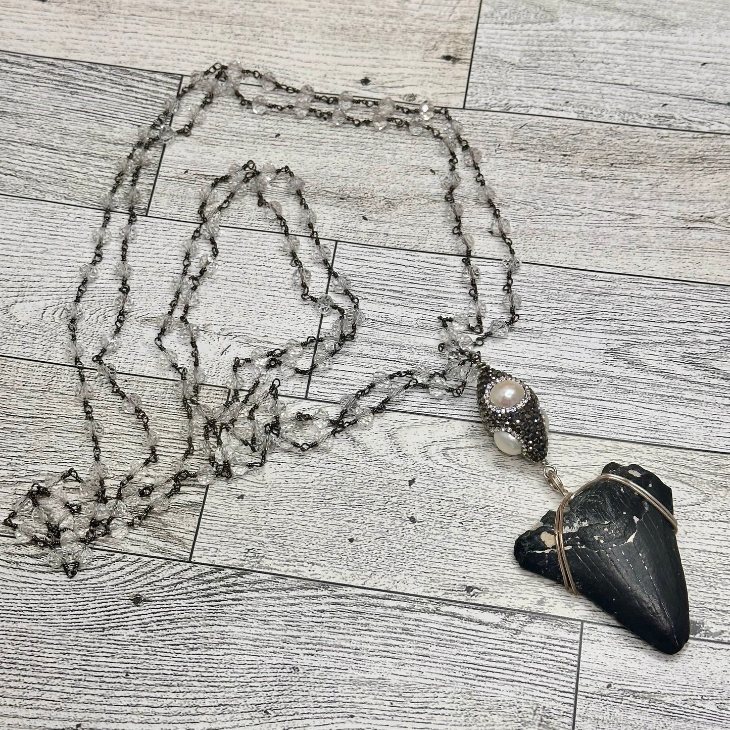 Fossilized Shark Tooth with Clear Faceted Crystals Chain | Erika Williner Designs