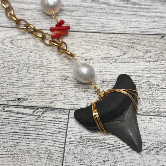 Fossilized Shark Tooth Necklace with Baroque Pearl, Red coral branches and Stainless Steel Chain Link | Erika Williner Designs