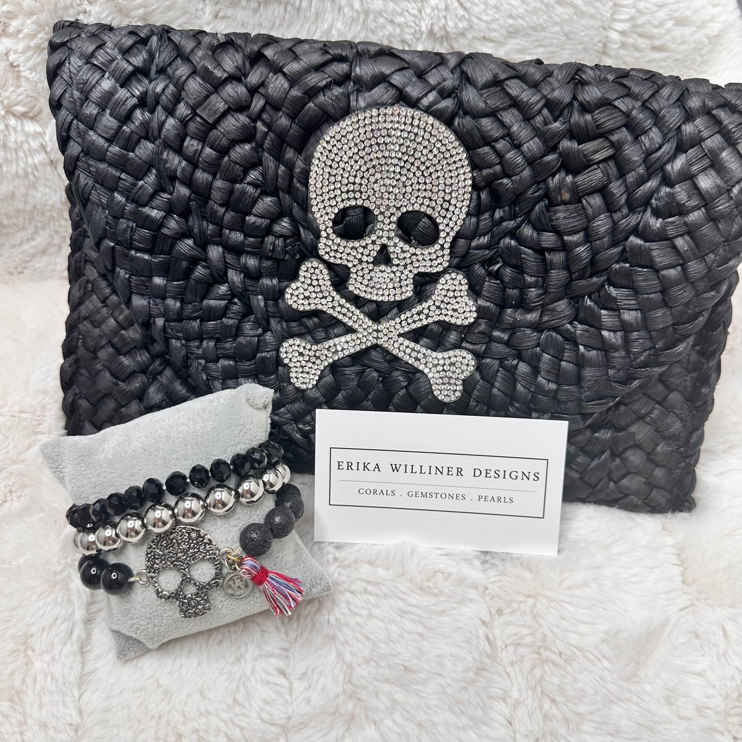 Straw Clutch with Crystal Skull  (No strap)| Erika Williner Designs
