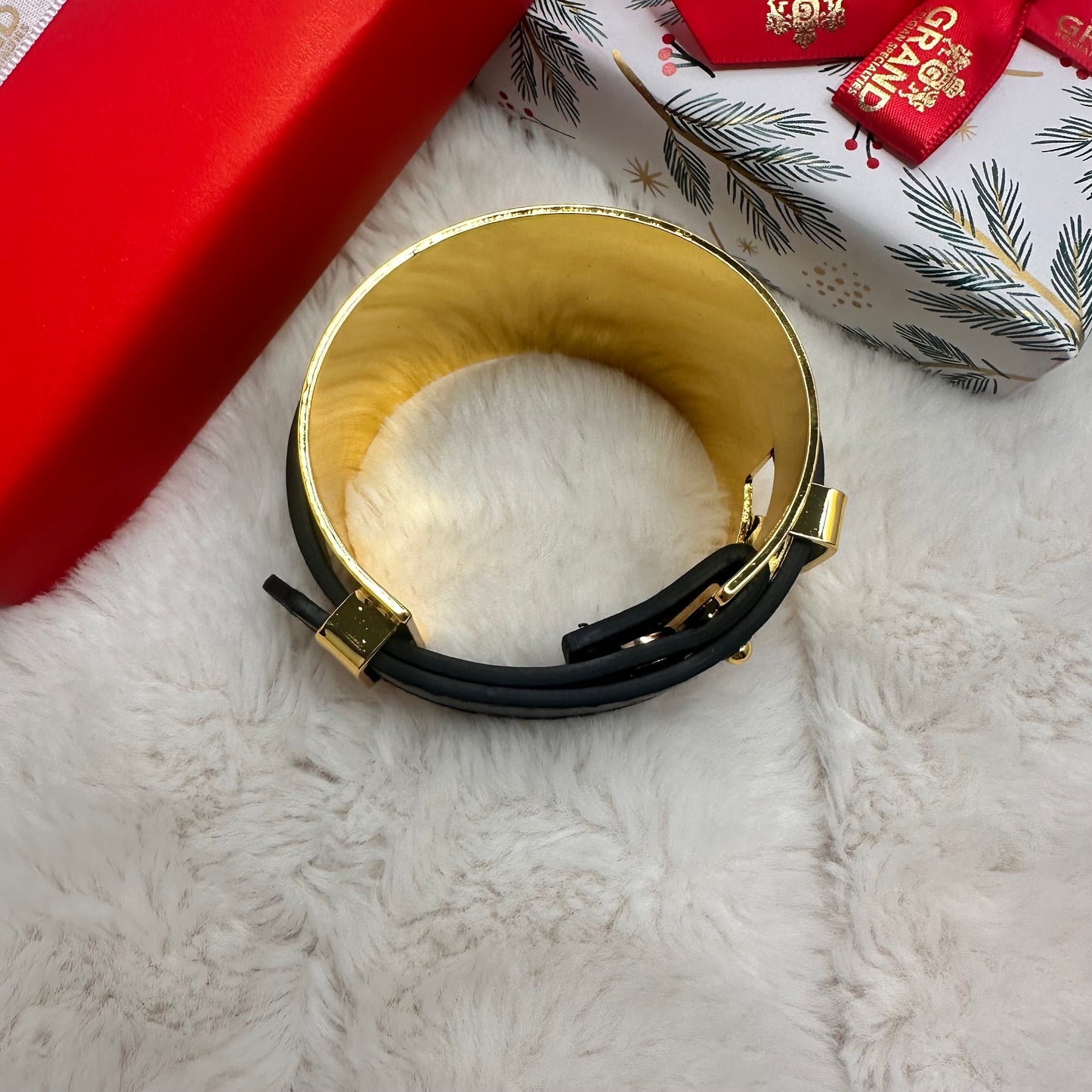 Gold Open Cuff Bracelet with Black Strap | Erika Williner Designs