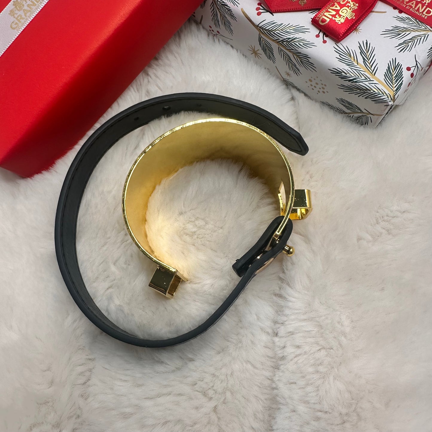 Gold Open Cuff Bracelet with Black Strap | Erika Williner Designs