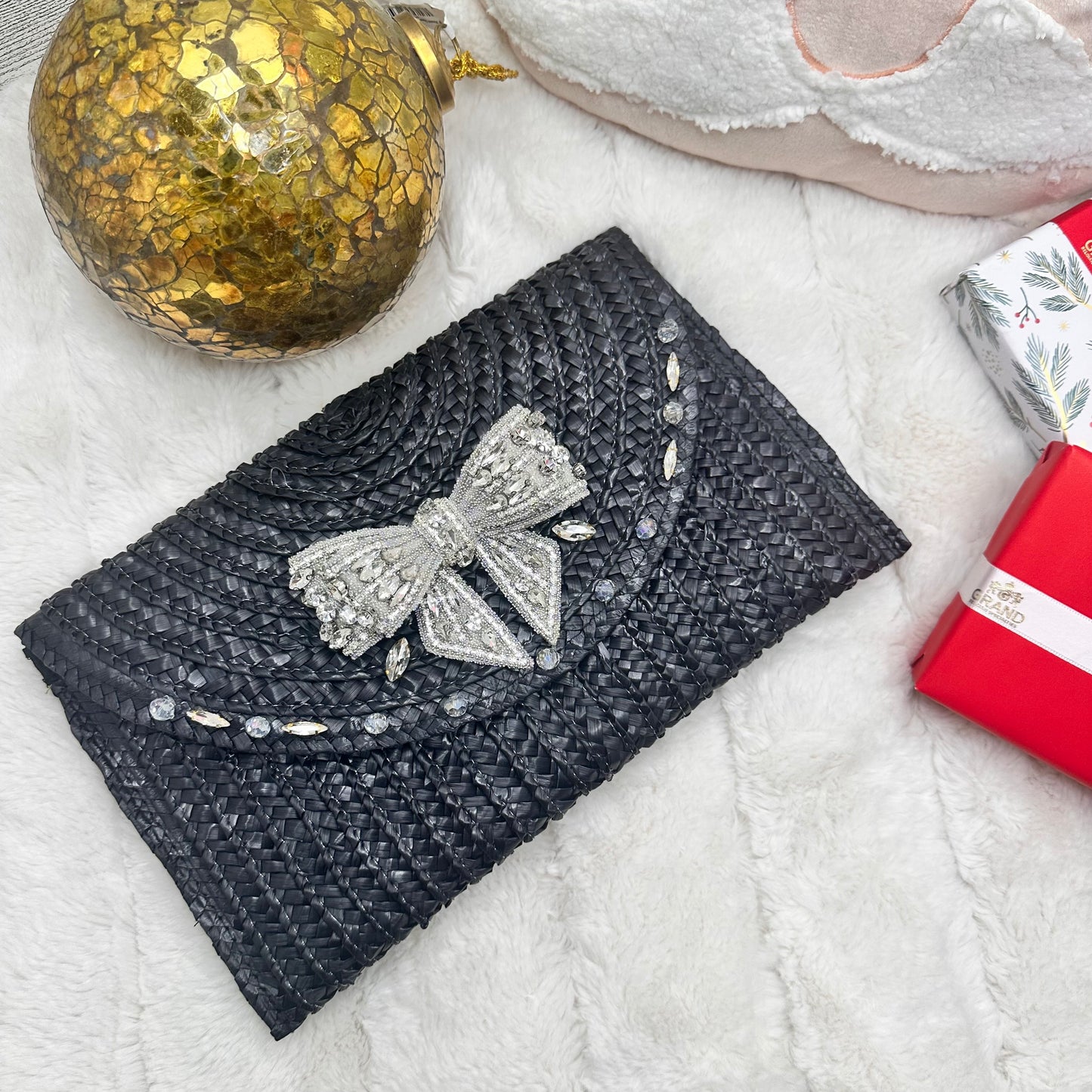 Black Clutch with Silver Bow and Silver embellishment | Erika Williner Designs