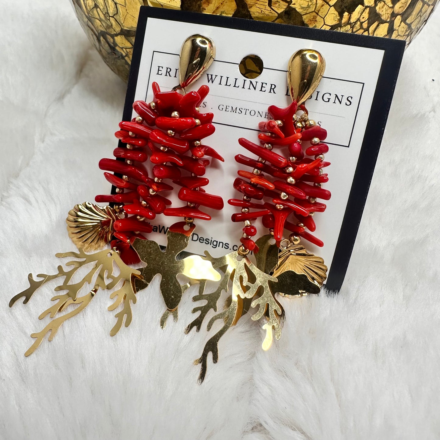 Red Coral Earrings with Gold Filigree Details | Erika Williner Designs
