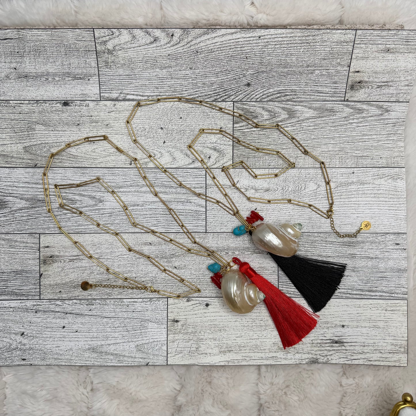 Long Paper Clip Necklace With Shell, Coral, Turquoise and  Silk Tassel | Erika Williner Designs