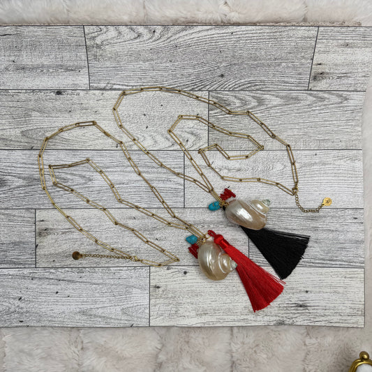 Long Paper Clip Necklace With Shell, Coral, Turquoise and  Silk Tassel | Erika Williner Designs