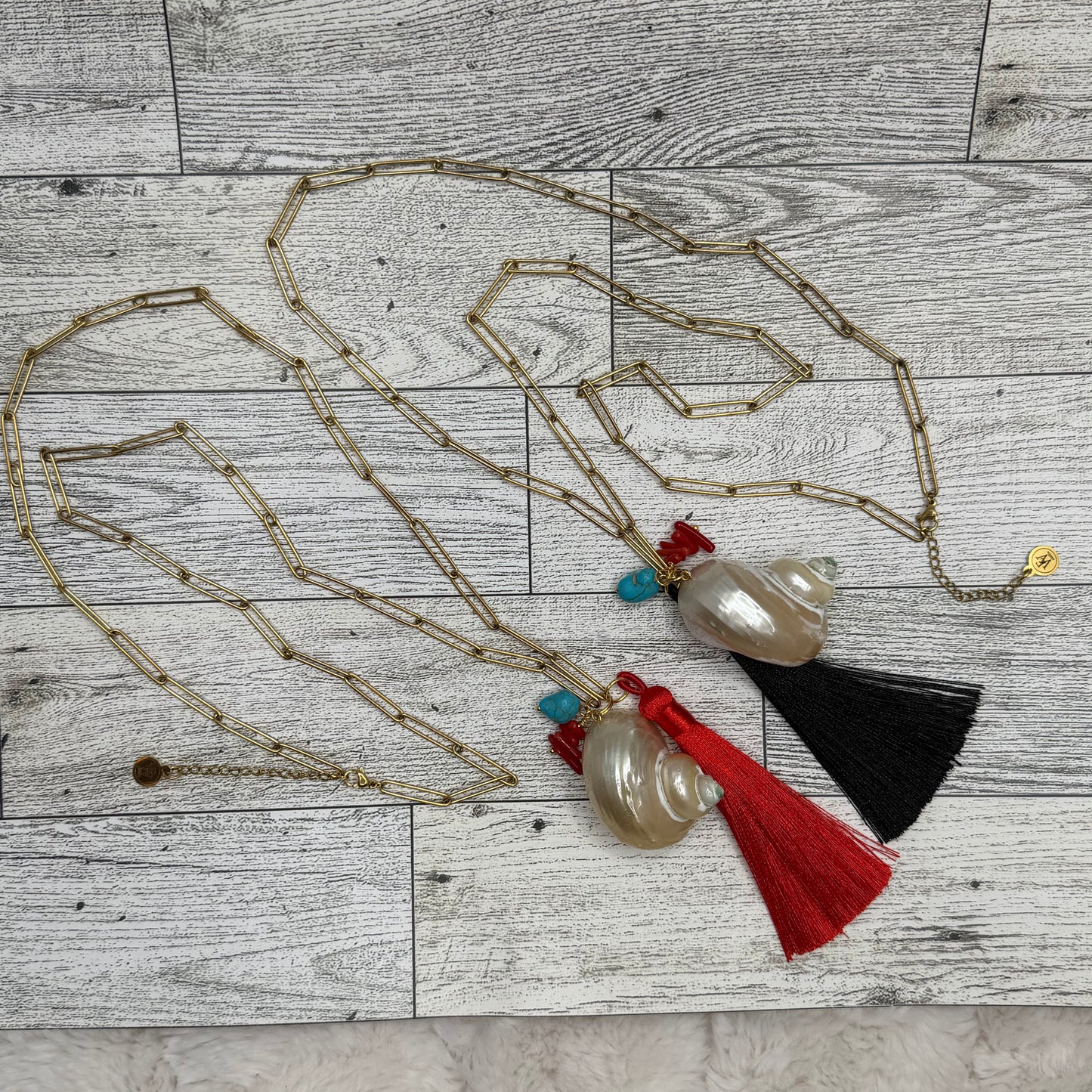 Long Paper Clip Necklace With Shell, Coral, Turquoise and  Silk Tassel | Erika Williner Designs