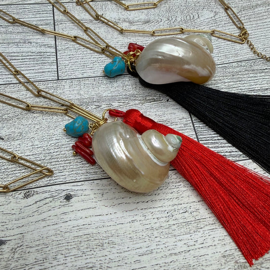 Long Paper Clip Necklace With Shell, Coral, Turquoise and  Silk Tassel | Erika Williner Designs