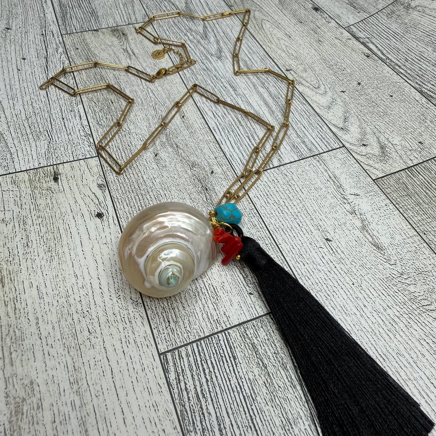 Long Paper Clip Necklace With Shell, Coral, Turquoise and  Silk Tassel | Erika Williner Designs