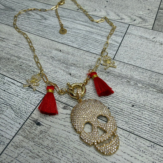 Paper Clip Chain with Pave Skull Pendant and tassels | Erika Williner Designs