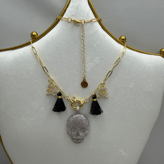 Paper Clip Chain with Pave Skull Pendant and tassels | Erika Williner Designs