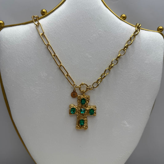 Half Rollo Half Paper clip Chain Necklace with Gold Cross with Green Zircons | Erika Williner Designs