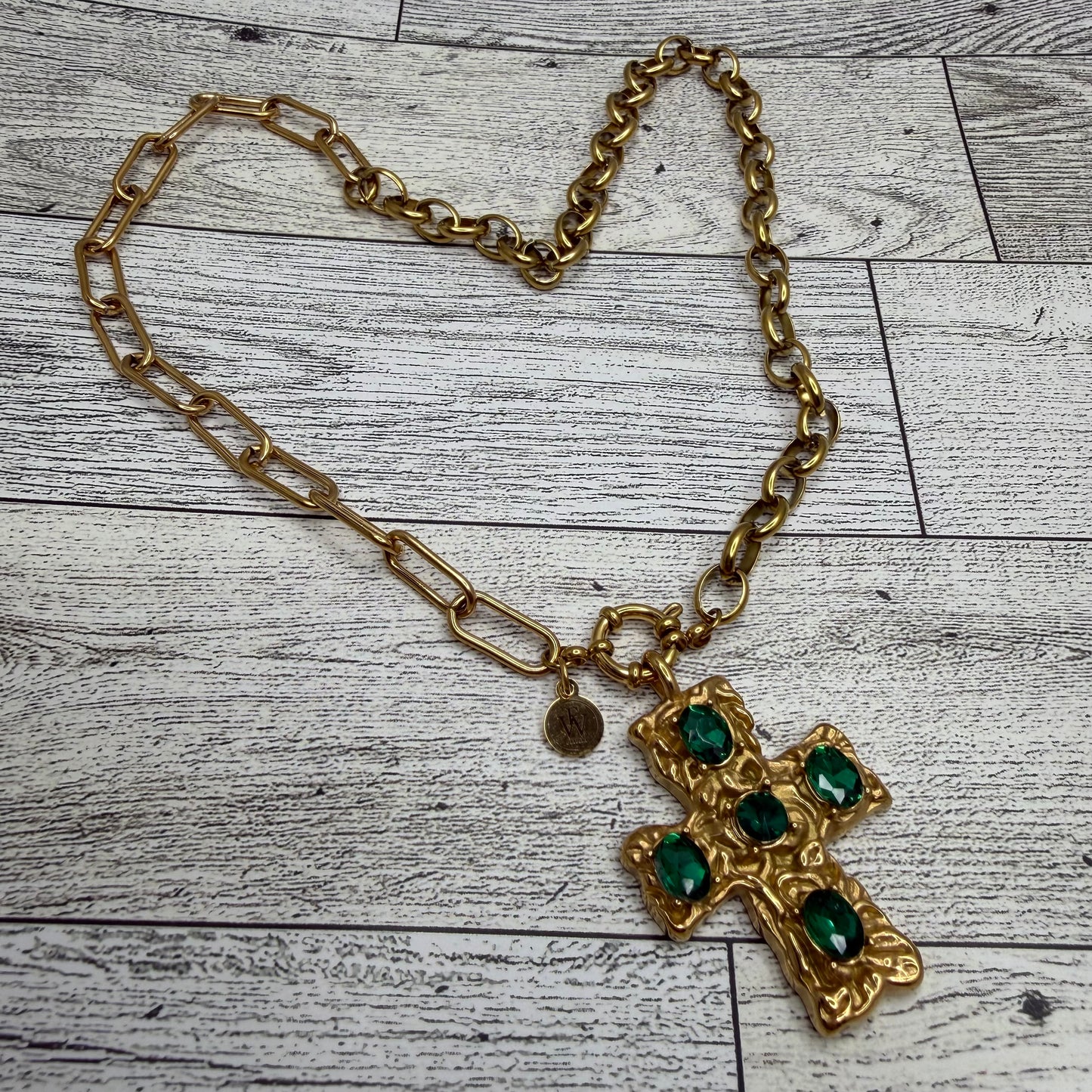 Half Rollo Half Paper clip Chain Necklace with Gold Cross with Green Zircons | Erika Williner Designs
