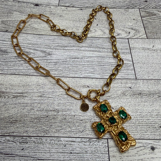 Half Rollo Half Paper clip Chain Necklace with Gold Cross with Green Zircons | Erika Williner Designs