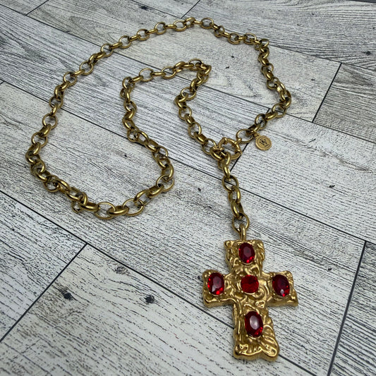 Rollo Chain With Gold Cross with Red Zircons