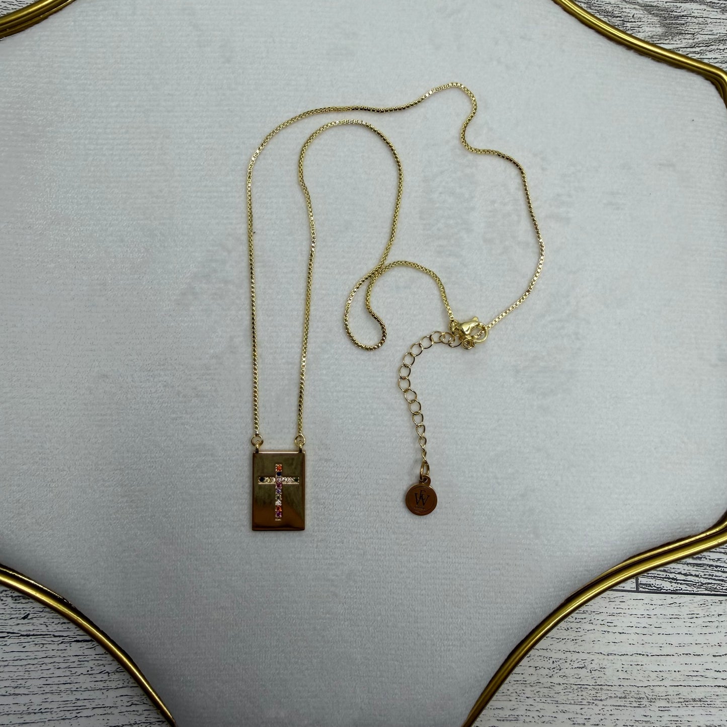 Multicolor Pave Rectangular Medallion Cross Necklace | Erika Williner Designs