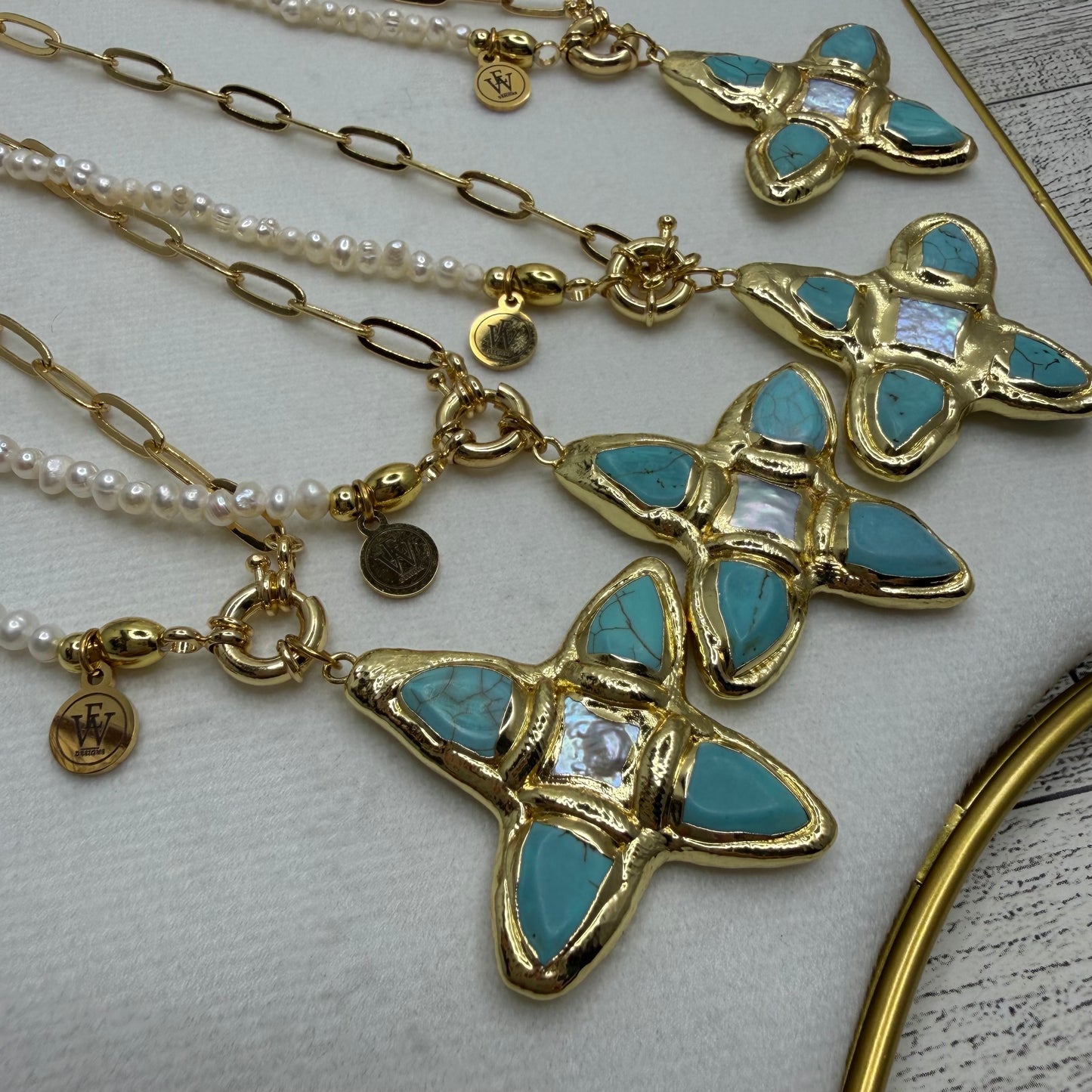 Half and Half Necklace with Turquoise and Pearl Cross Pendant | Erika Williner Designs