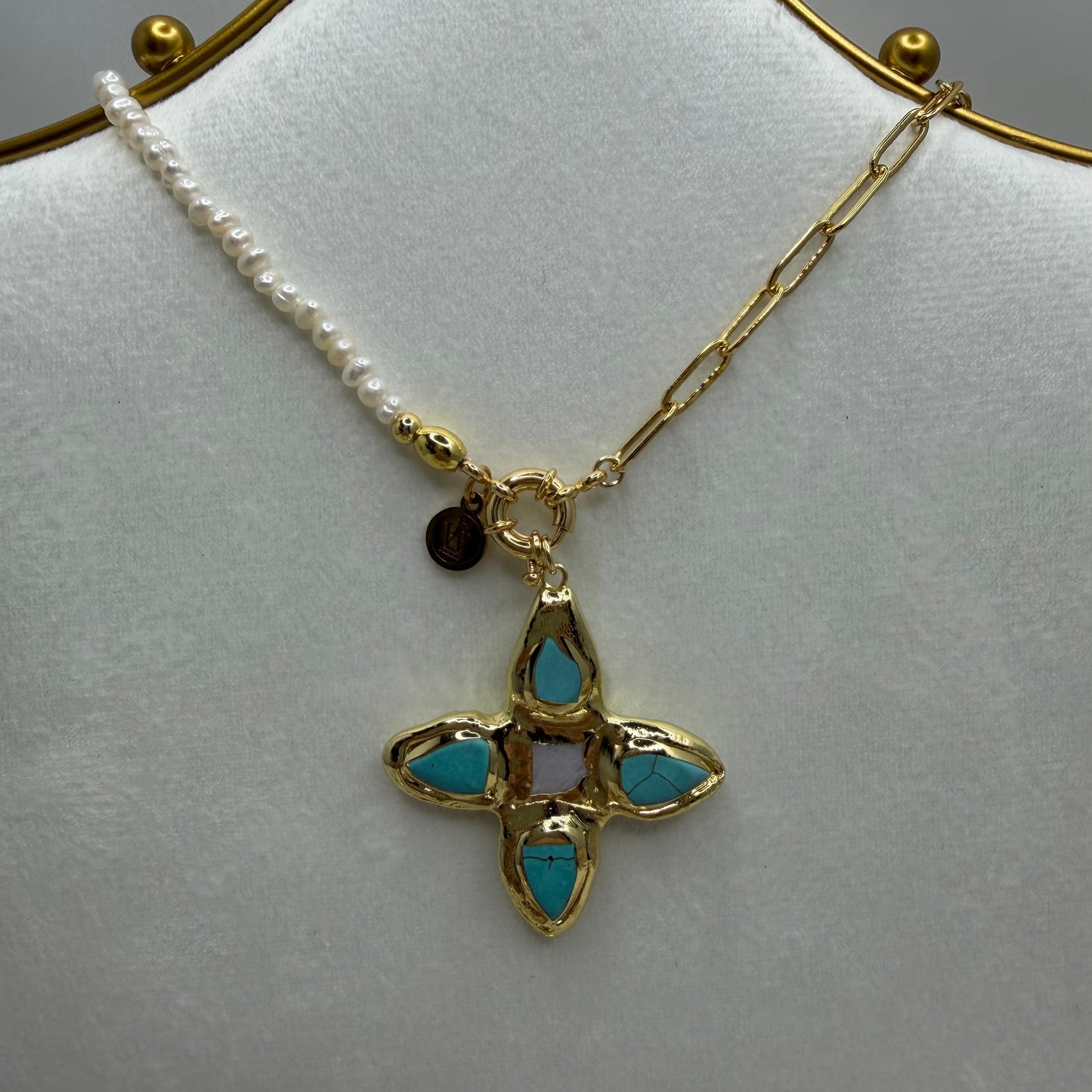 Half and Half Necklace with Turquoise and Pearl Cross Pendant | Erika Williner Designs