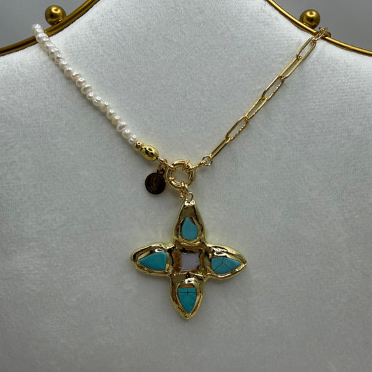 Half and Half Necklace with Turquoise and Pearl Cross Pendant | Erika Williner Designs
