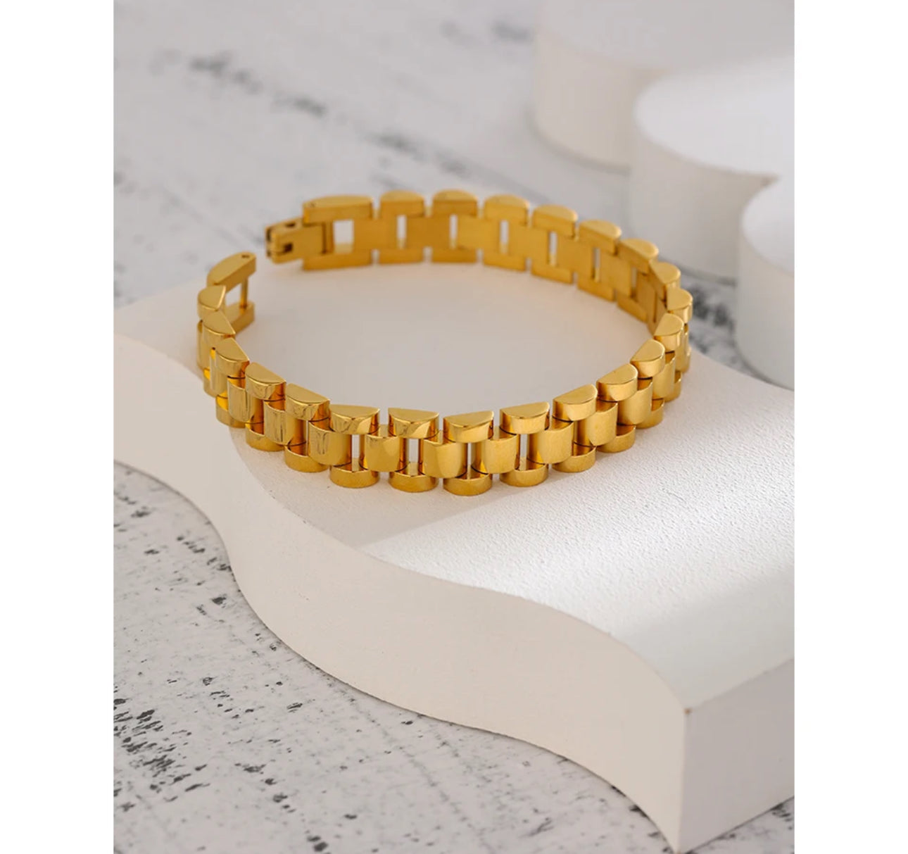 gold stainless steel plated Rolex inspired bracelet procured by Erika Williner Designs
