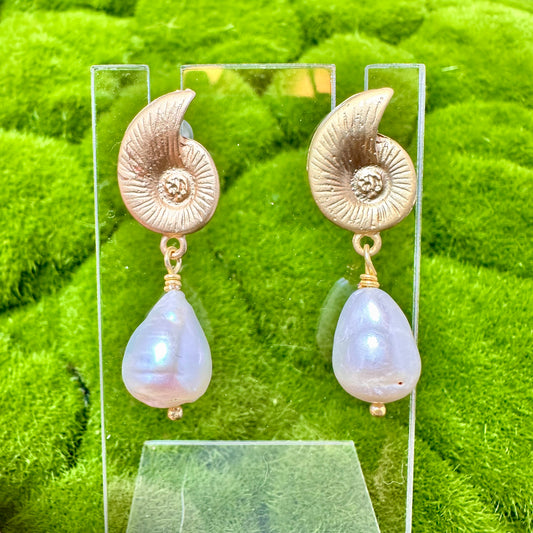Gold Nautilus Earrings with Baroque Pearls 220-29 | Erika Williner Designs