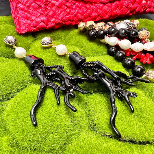 Black Coral Branches and Baroque Pearl push back statement earrings 220-30 | Erika Williner Designs