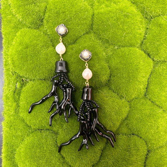 Black Coral Branches and Baroque Pearl push back statement earrings 220-30 | Erika Williner Designs