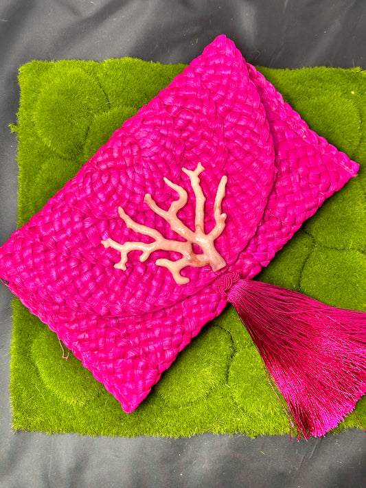 Straw clutch with acetate coral branch and silk tassel 520-02 | Erika Williner Designs