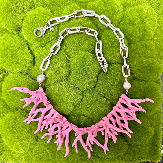 Pink acetate coral branches necklace with stainless steel chain and baroque pearl 330-02 | Erika Williner Designs