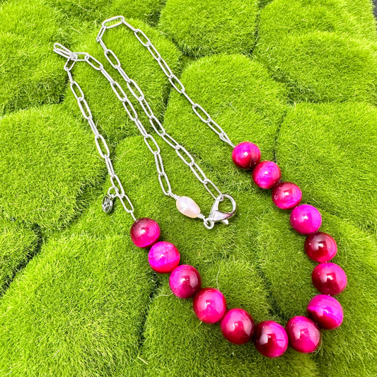 Hot Pink Tiger Eye Beads and Stainless Steel paper clip chain necklace 310-15 | Erika Williner Designs